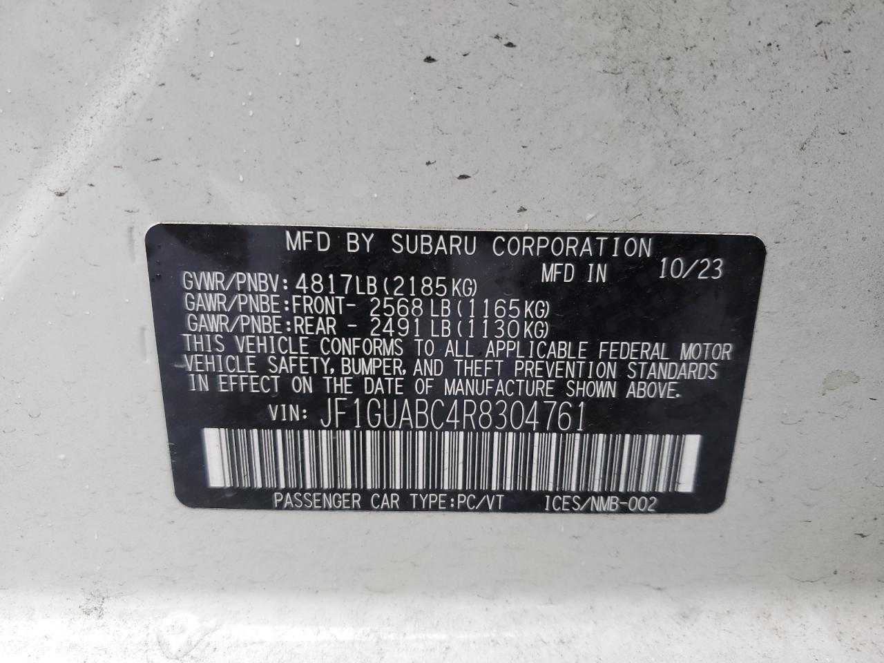 2024 SUBARU IMPREZA VIN:JF1GUABC4R8304761
