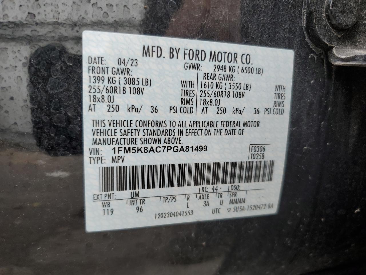 2023 FORD EXPLORER POLICE INTERCEPTOR VIN:1FM5K8AC7PGA81499