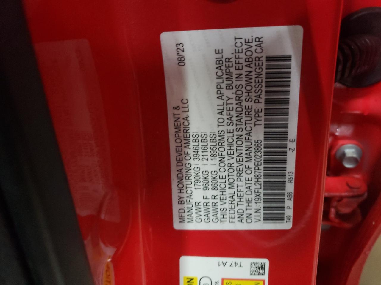 2023 HONDA CIVIC SPORT VIN:19XFL2H87PE023865