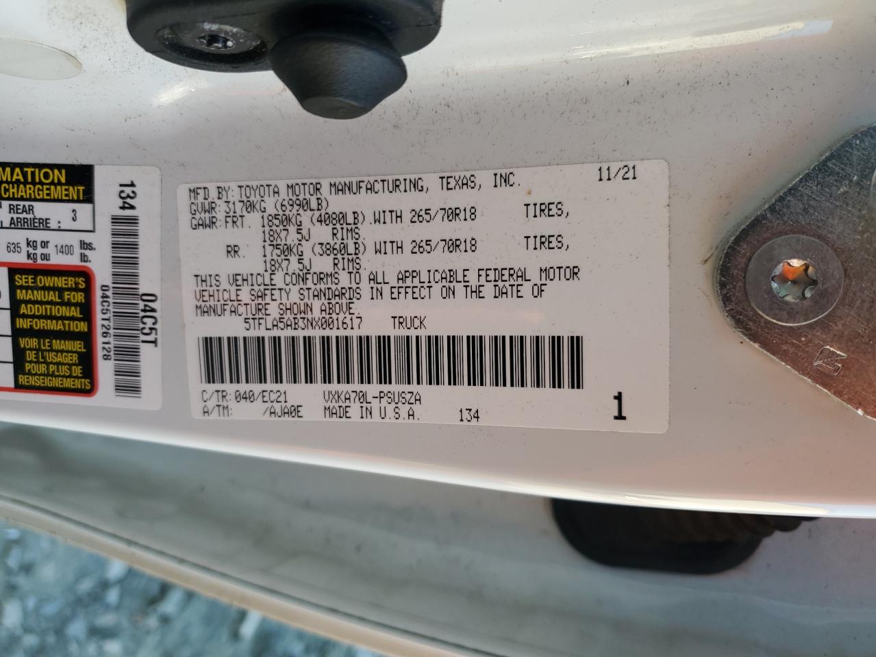 2022 TOYOTA TUNDRA CREWMAX SR VIN:5TFLA5AB3NX001617