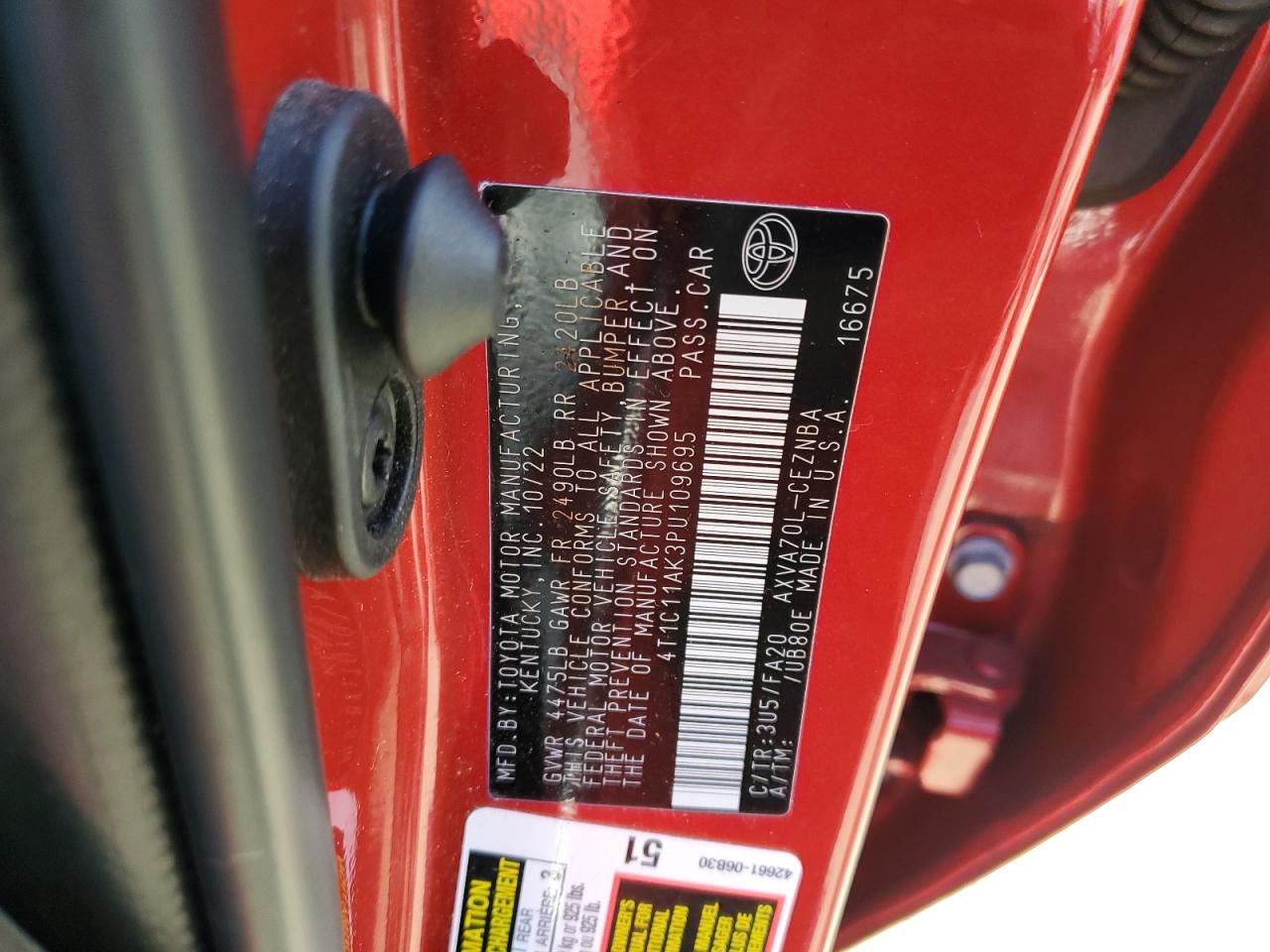 2023 TOYOTA CAMRY LE VIN:4T1C11AK3PU109695