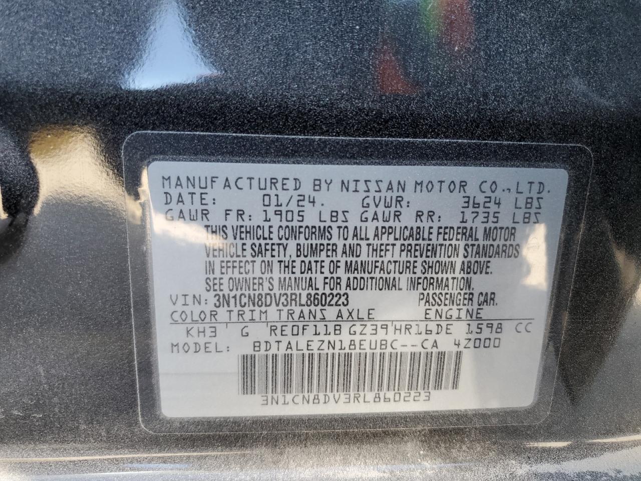 2024 NISSAN VERSA S VIN:3N1CN8DV3RL860223