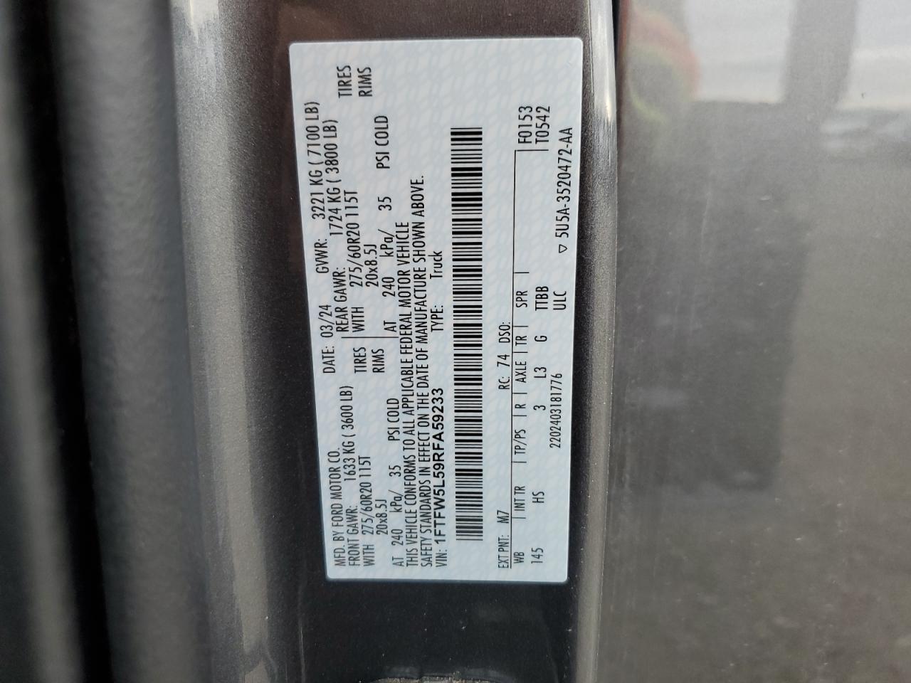 2024 FORD F150 LARIAT VIN:1FTFW5L59RFA59233