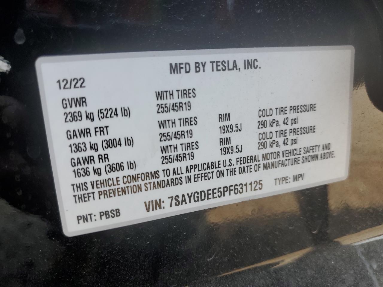 2023 TESLA MODEL Y VIN:7SAYGDEE5PF631125