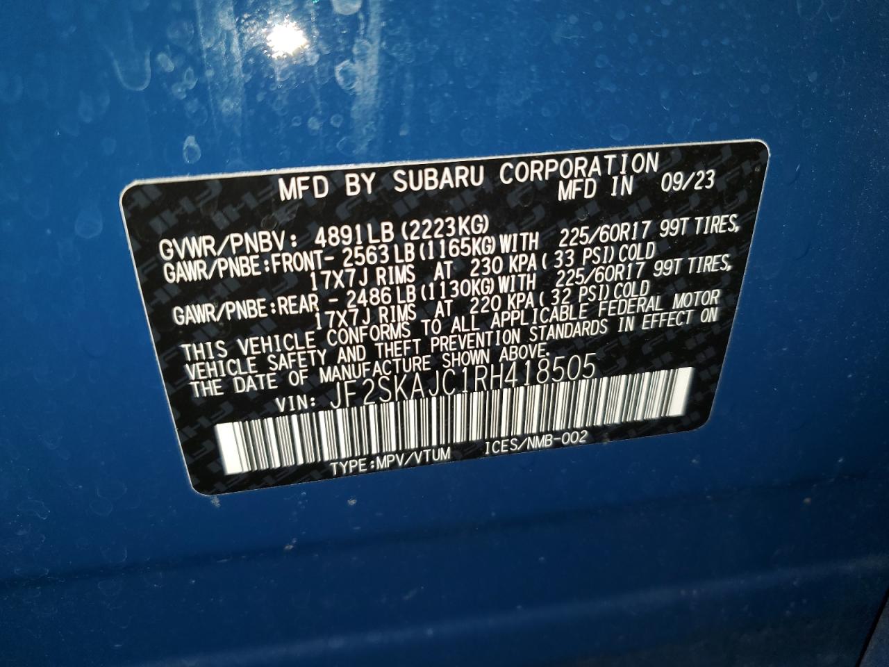 2024 SUBARU FORESTER WILDERNESS VIN:JF2SKAJC1RH418505