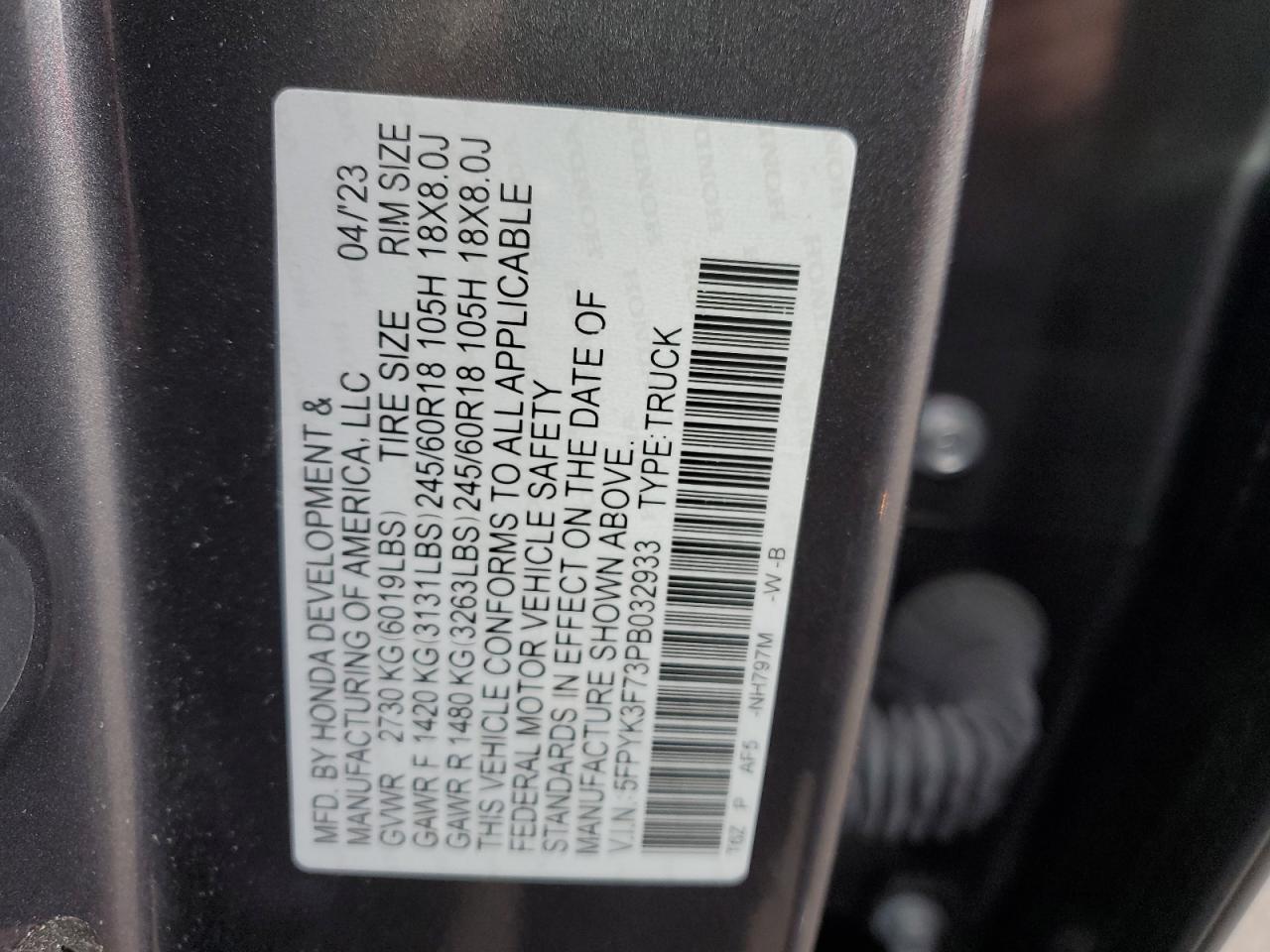 2023 HONDA RIDGELINE RTL-E VIN:5FPYK3F73PB032933