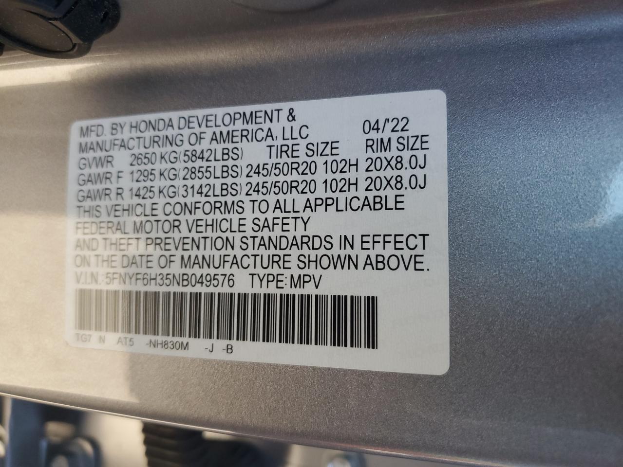 2022 HONDA PILOT SPORT VIN:5FNYF6H35NB049576