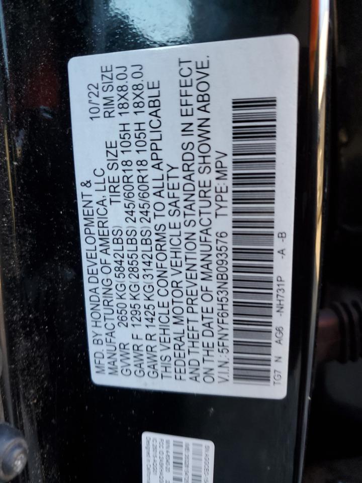 2022 HONDA PILOT EXL VIN:JN8AZ1MU1AW002047