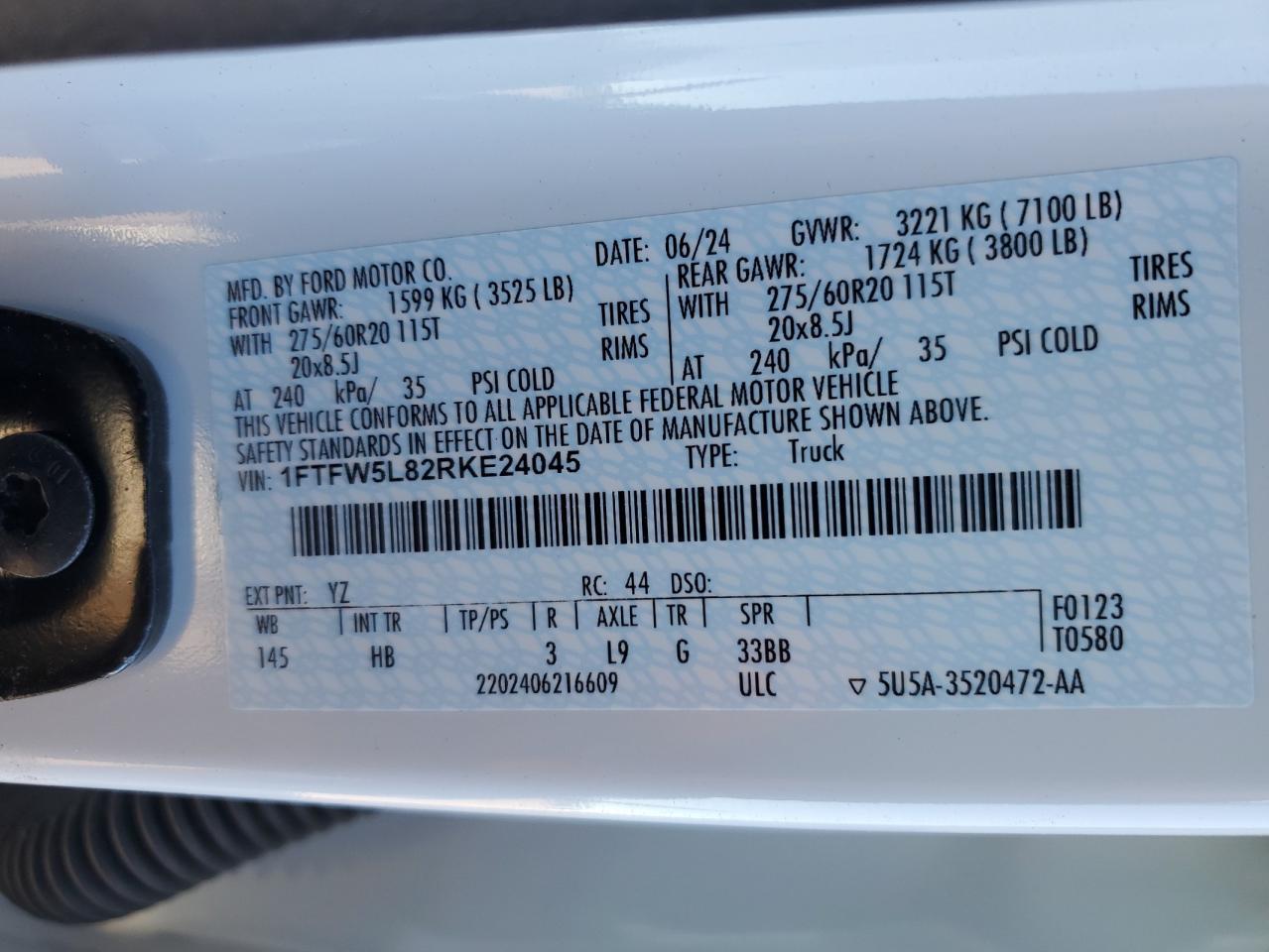 2024 FORD F150 LARIAT VIN:1FTFW5L82RKE24045