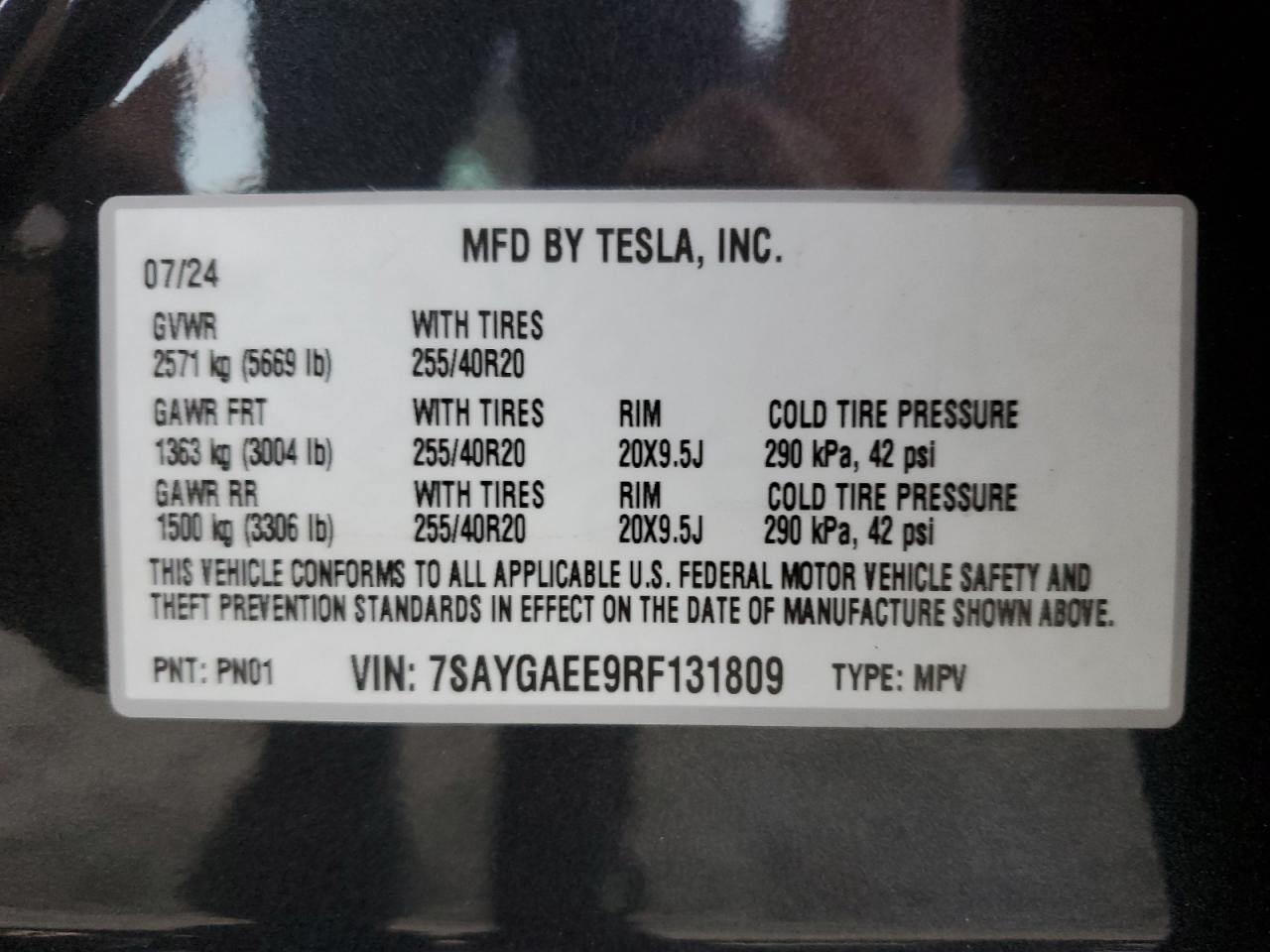 2024 TESLA MODEL Y VIN:7SAYGAEE9RF131809