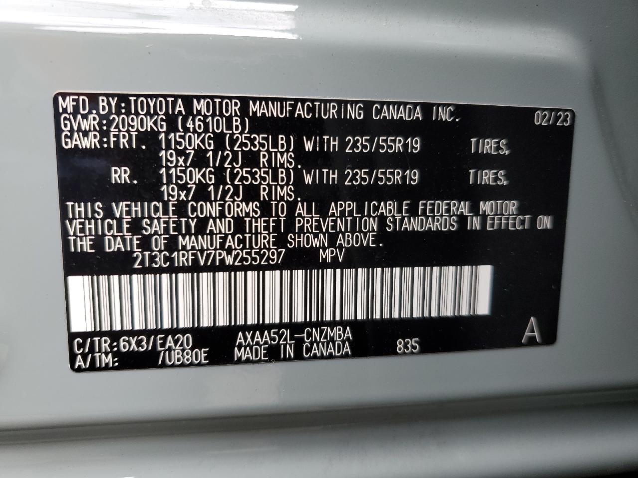 2023 TOYOTA RAV4 XLE PREMIUM VIN:2T3C1RFV7PW255297