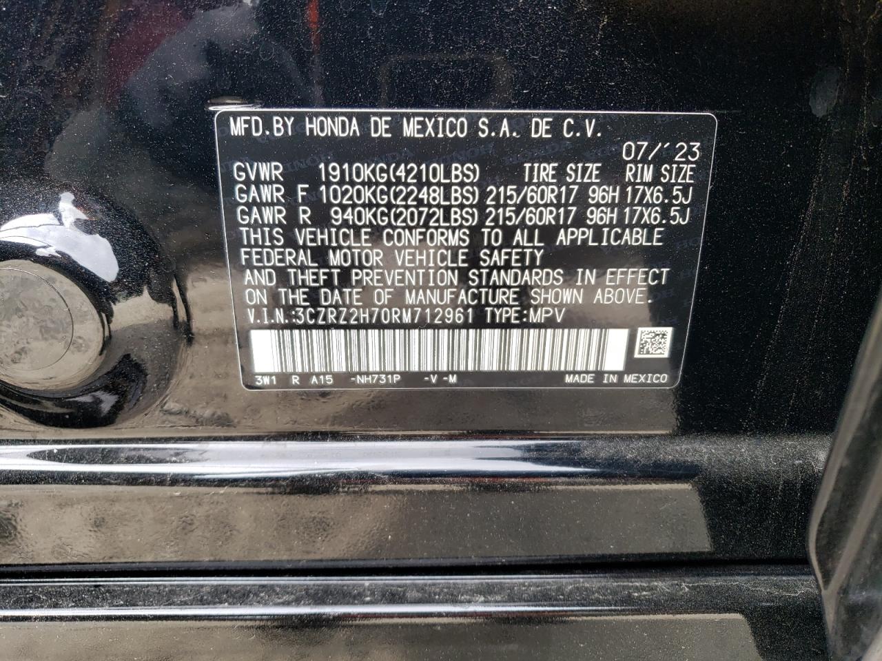 2024 HONDA HR-V EXL VIN:3CZRZ2H70RM712961