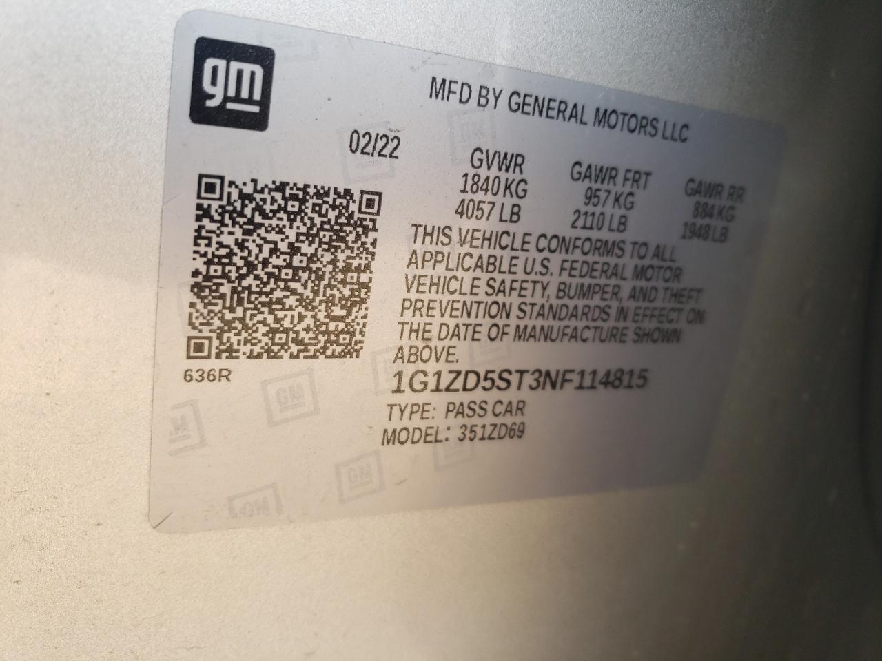 2022 CHEVROLET MALIBU LT VIN:1G1ZD5ST3NF114815