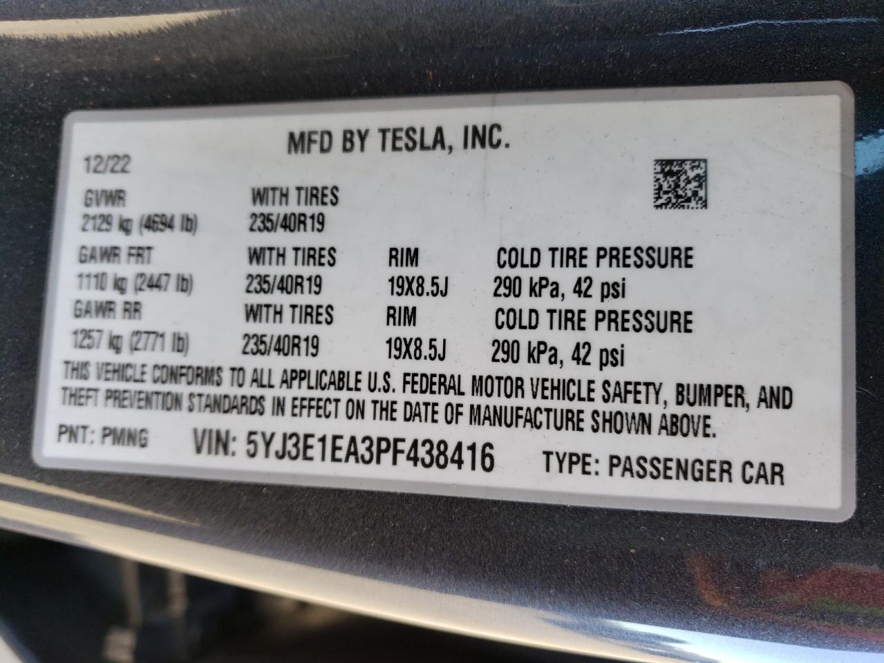 2023 TESLA MODEL 3 VIN:5YJ3E1EA3PF438416