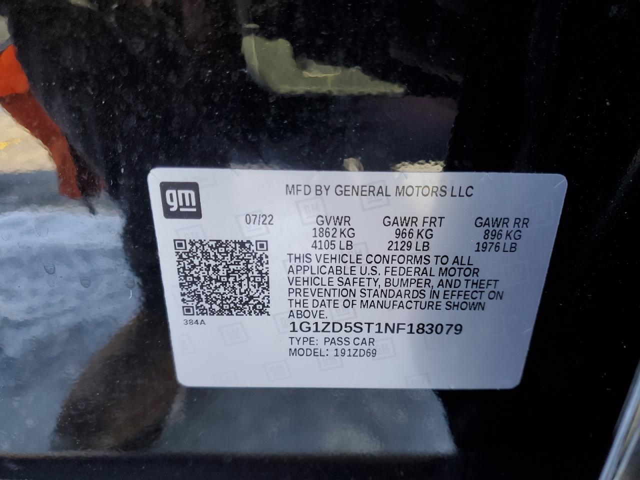 2022 CHEVROLET MALIBU LT VIN:1G1ZD5ST1NF183079