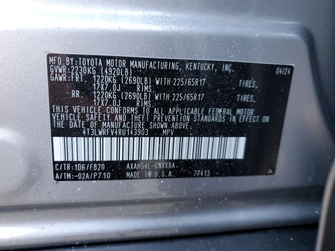 2024 TOYOTA RAV4 LE VIN:4T3LWRFV4RU143903