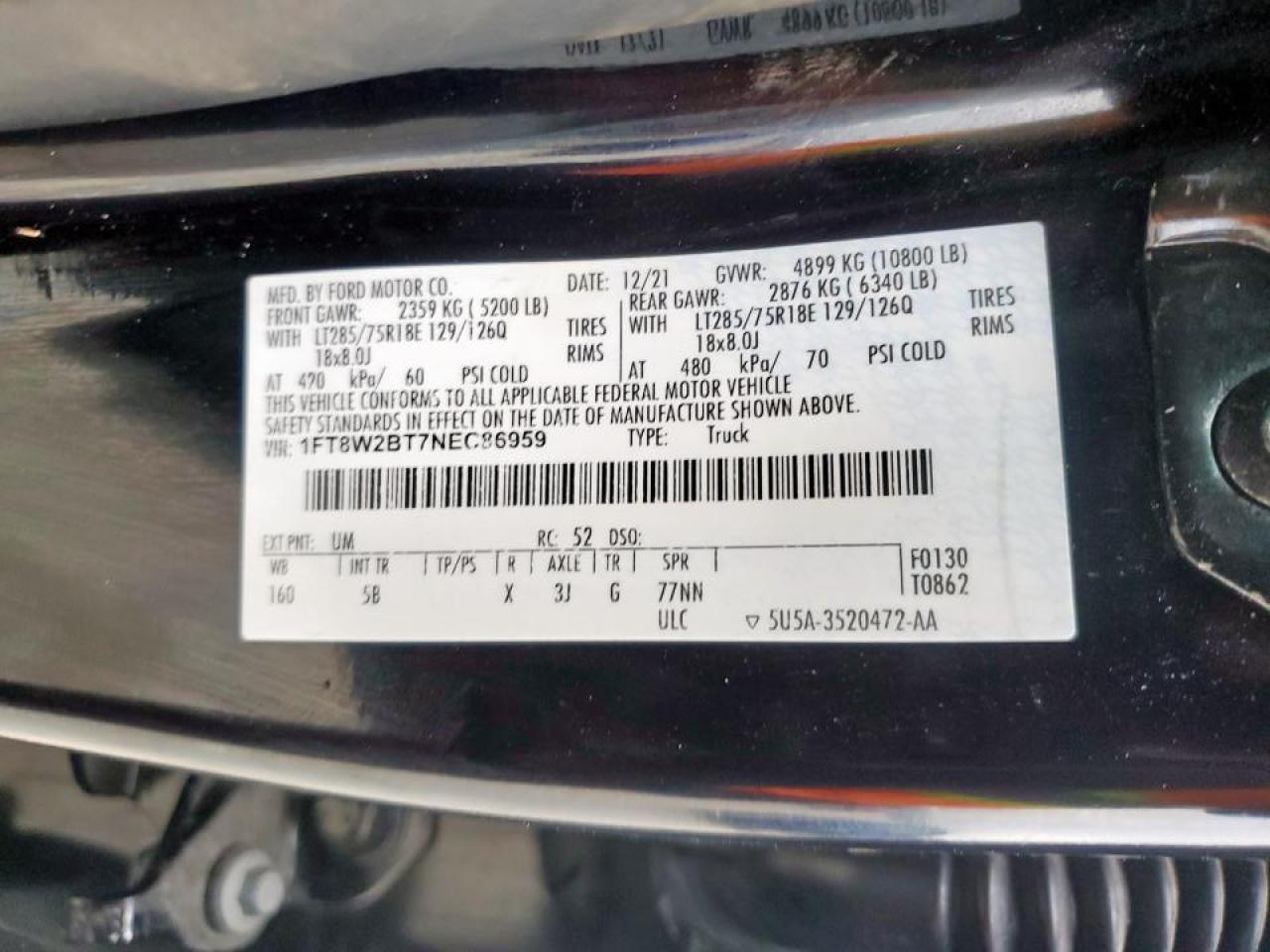 2022 FORD F250 SUPER DUTY VIN:1FT8W2BT7NEC86959