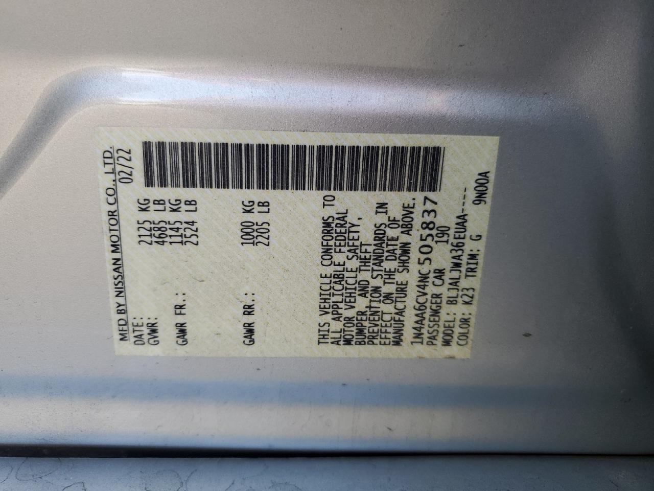 2022 NISSAN MAXIMA SV VIN:1N4AA6CV4NC505837