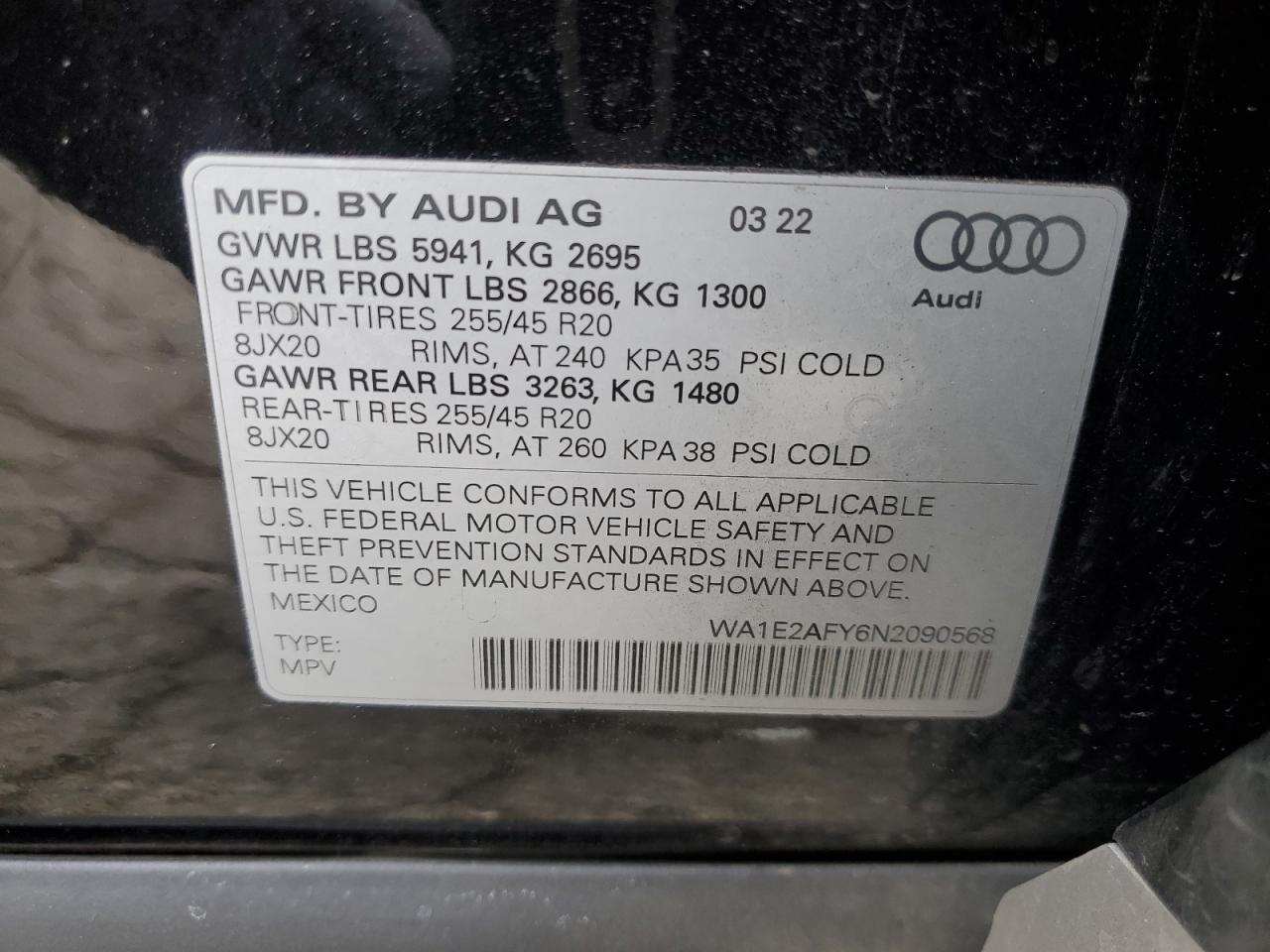 2022 AUDI Q5 E PREMIUM PLUS 55 VIN:WA1E2AFY6N2090568