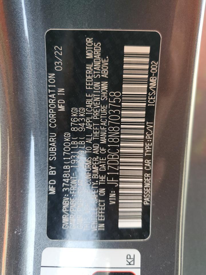 2022 SUBARU BRZ PREMIUM VIN:JF1ZDBC18N8703758