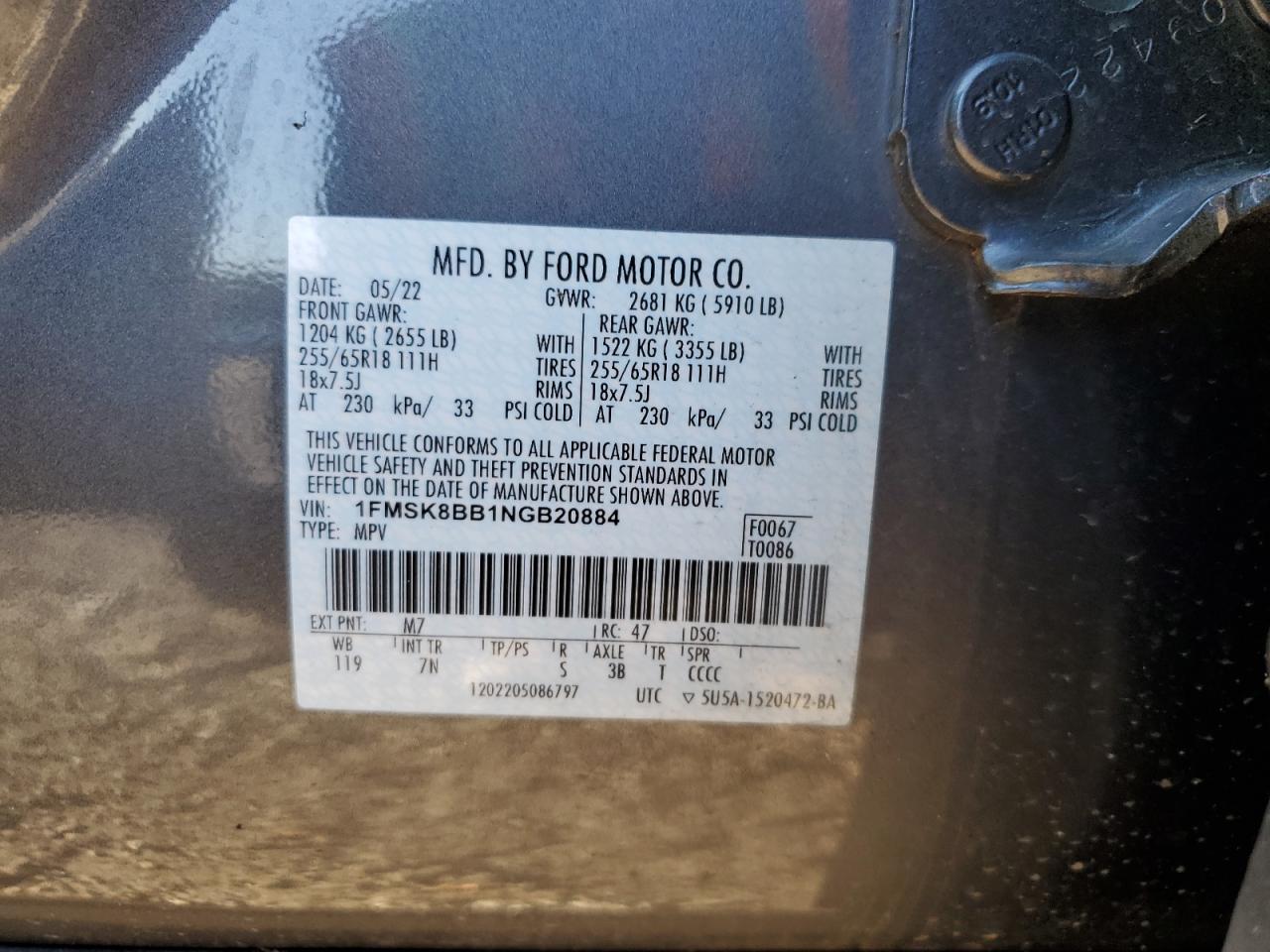 2022 FORD EXPLORER VIN:1FMSK8BB1NGB20884