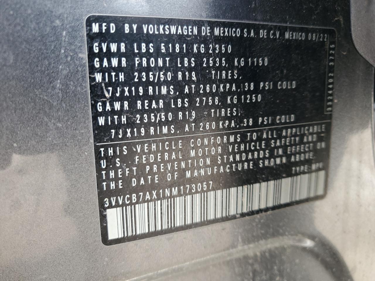 2022 VOLKSWAGEN TIGUAN SE R-LINE BLACK VIN:3VVCB7AX1NM173057