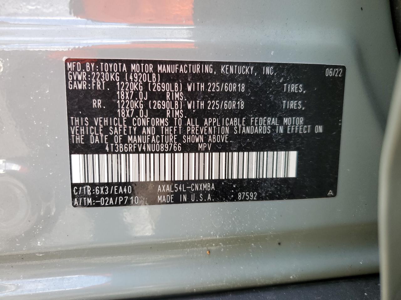 2022 TOYOTA RAV4 XLE PREMIUM VIN:4T3B6RFV4NU089766