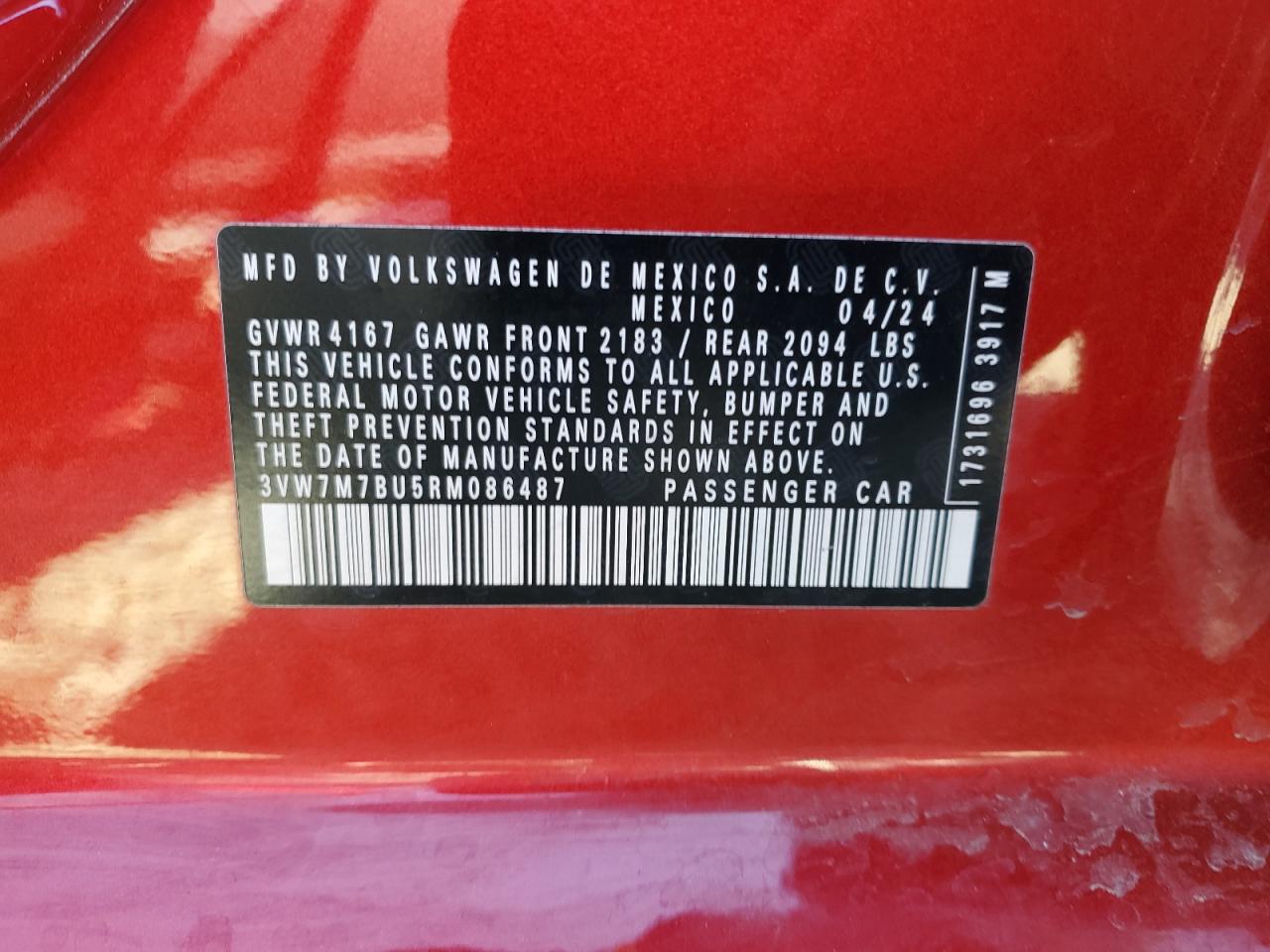 2024 VOLKSWAGEN JETTA SE VIN:3VW7M7BU5RM086487