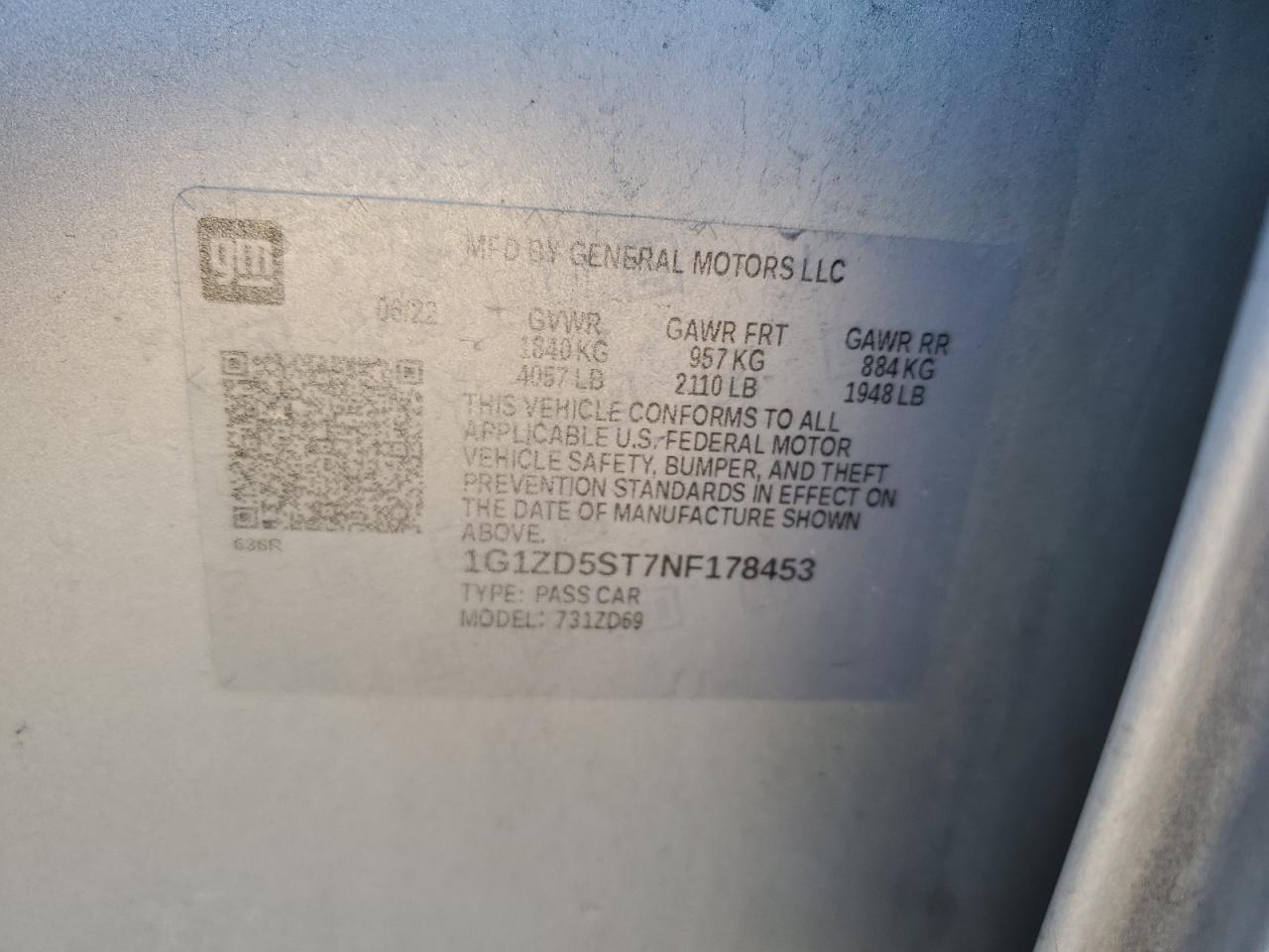 2022 CHEVROLET MALIBU LT VIN:1G1ZD5ST7NF178453