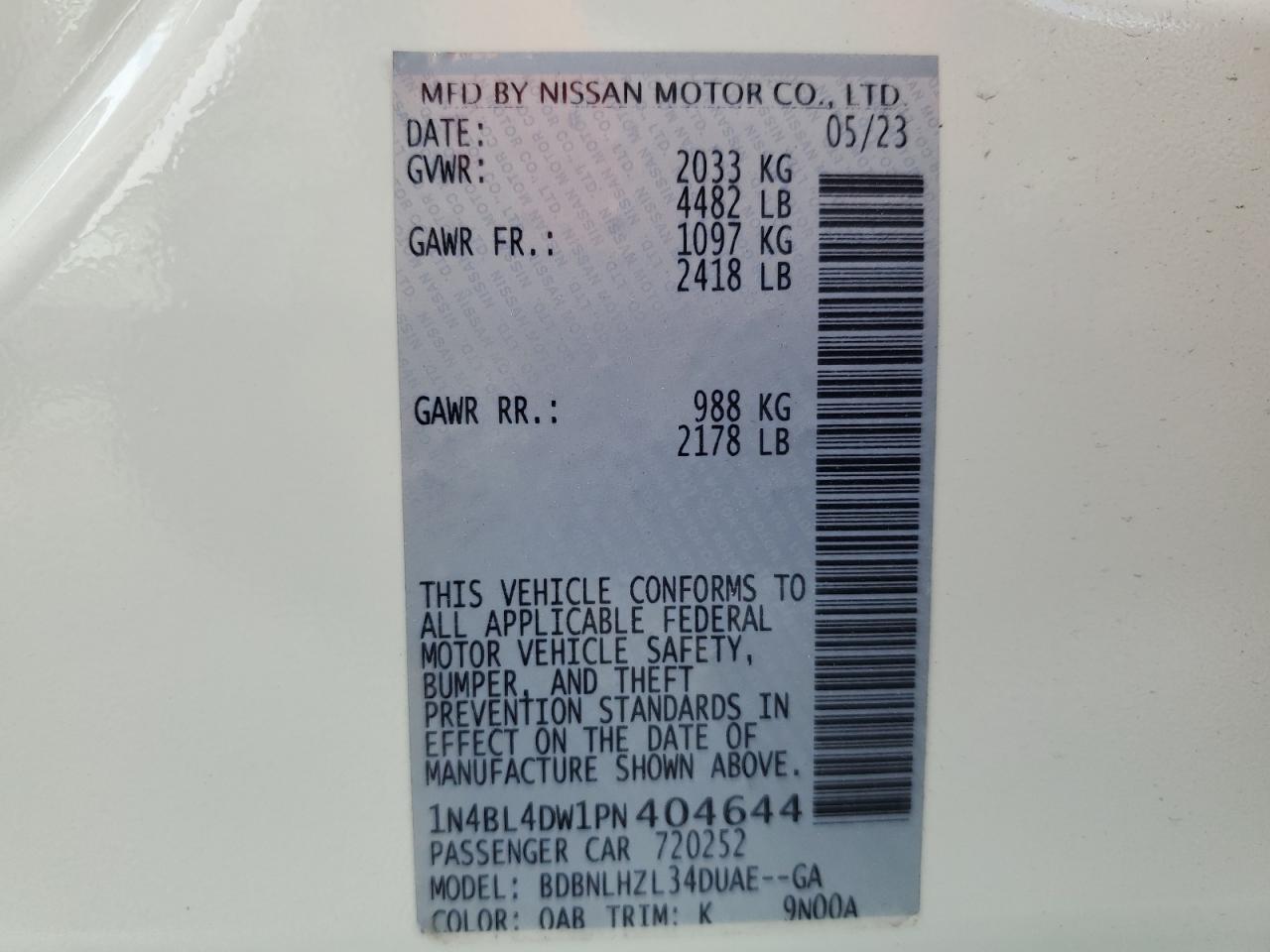 2023 NISSAN ALTIMA SV VIN:1N4BL4DW1PN404644