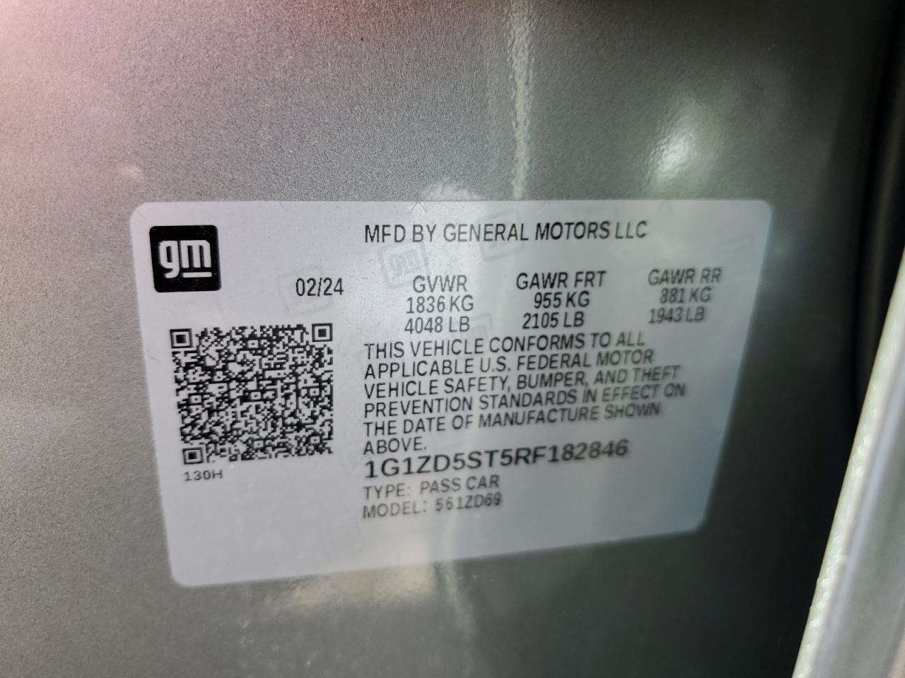 2024 CHEVROLET MALIBU LT VIN:1G1ZD5ST5RF182846