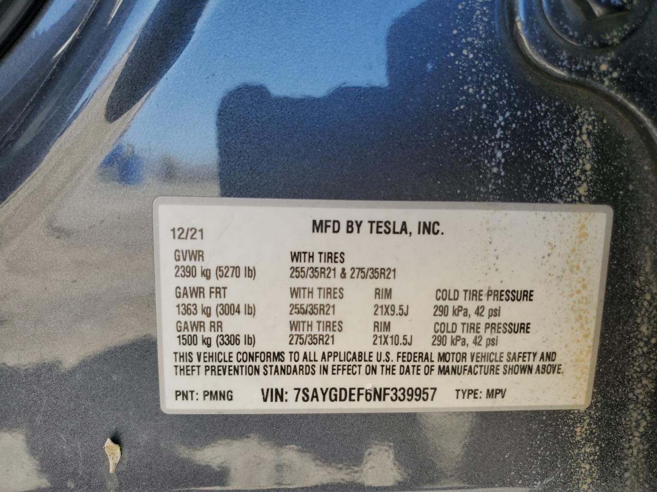 2022 TESLA MODEL Y VIN:7SAYGDEF6NF339957