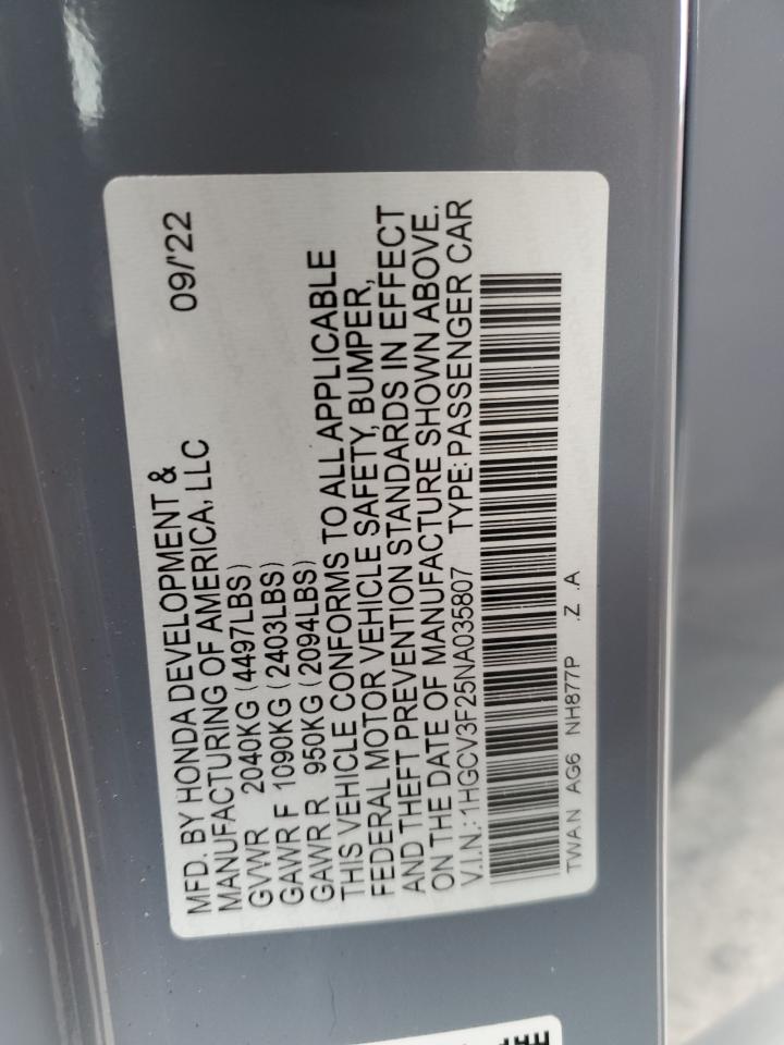 2022 HONDA ACCORD HYBRID SPORT VIN:1HGCV3F25NA035807