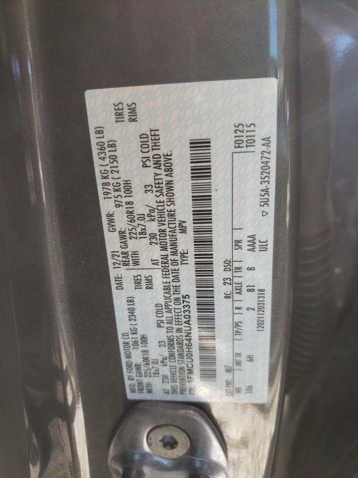 2022 FORD ESCAPE SEL VIN:1FMCU0H64NUA03375
