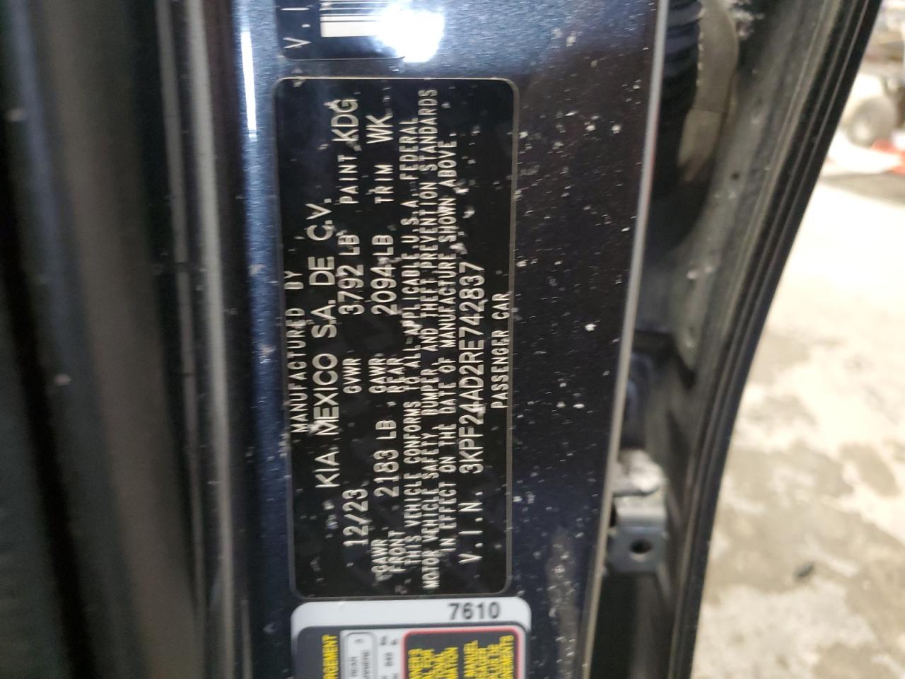 2024 KIA FORTE LX VIN:3KPF24AD2RE742837