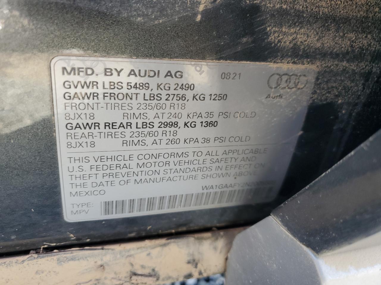 2022 AUDI Q5 PREMIUM 45 VIN:WA1GAAFY2N2005589