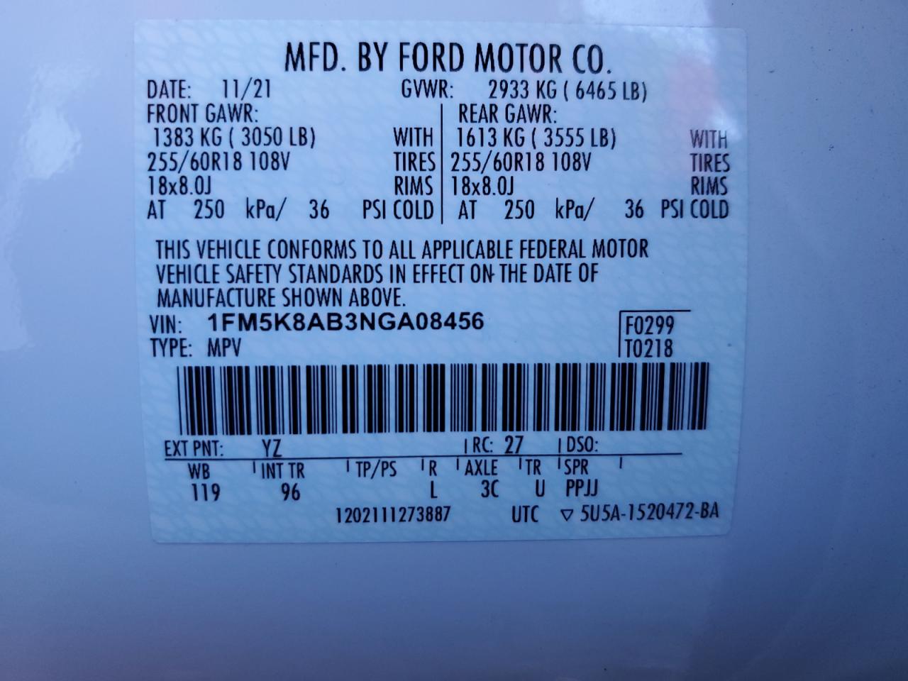 2022 FORD EXPLORER POLICE INTERCEPTOR VIN:1FM5K8AB3NGA08456