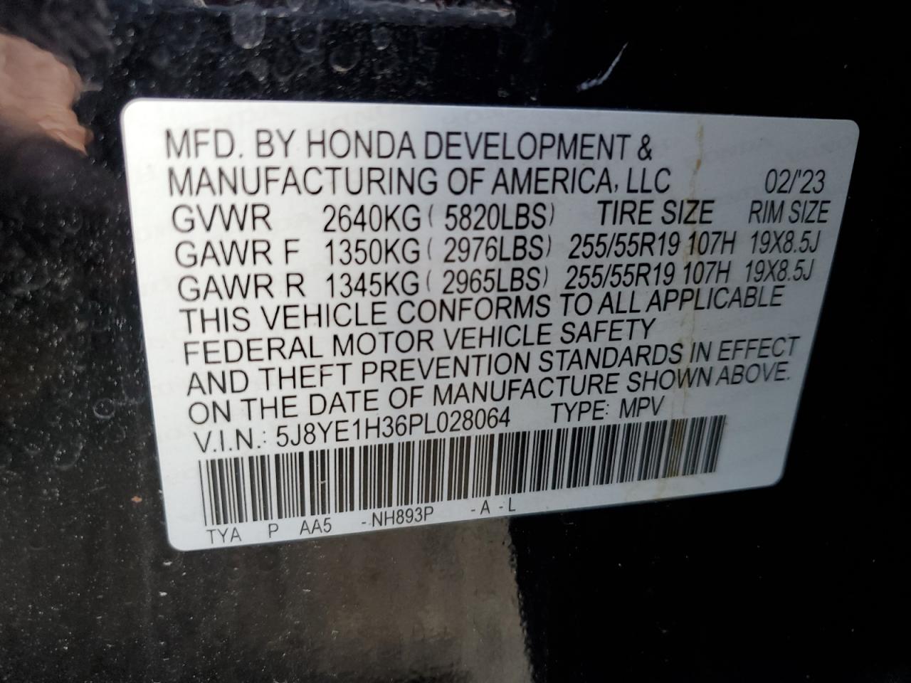 2023 ACURA MDX VIN:5J8YE1H36PL028064