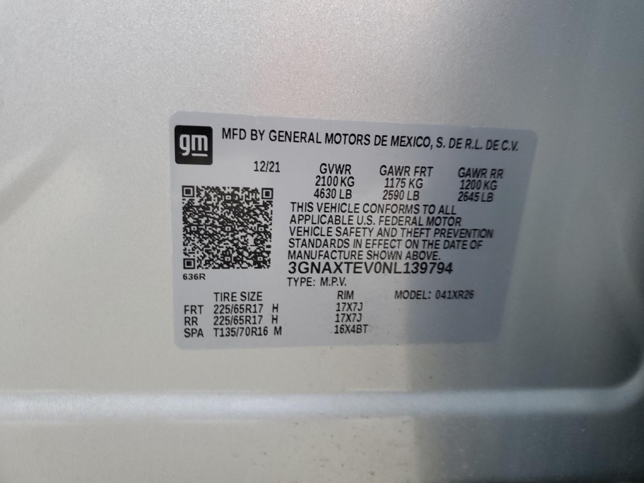 2022 CHEVROLET EQUINOX LT VIN:3GNAXTEV0NL139794