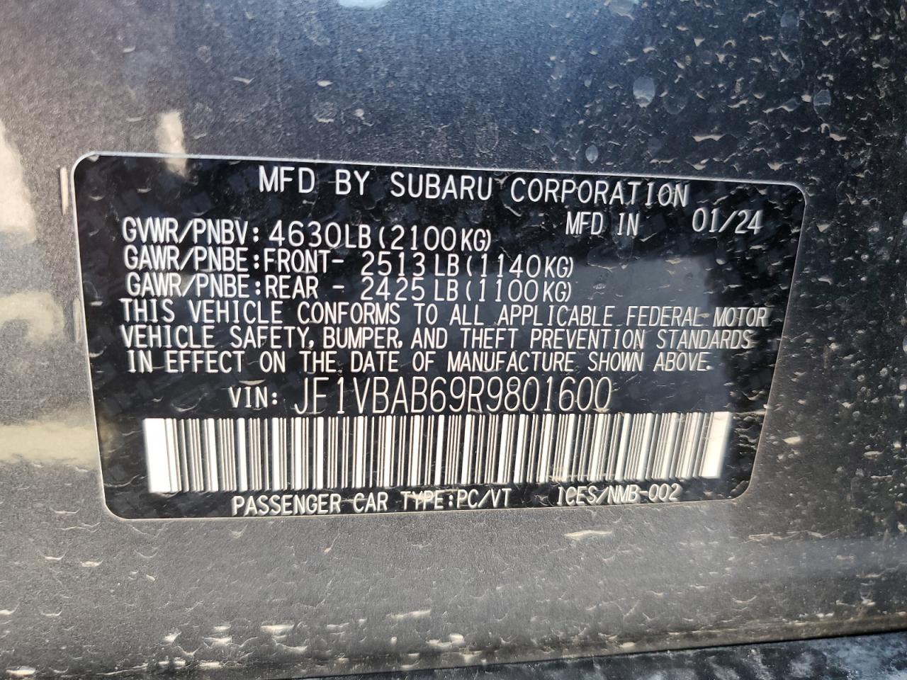 2024 SUBARU WRX VIN:JF1VBAB69R9801600