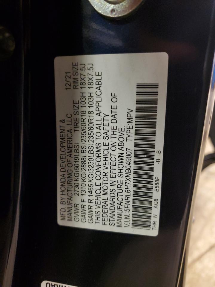 2022 HONDA ODYSSEY EXL VIN:5FNRL6H7XNB049007