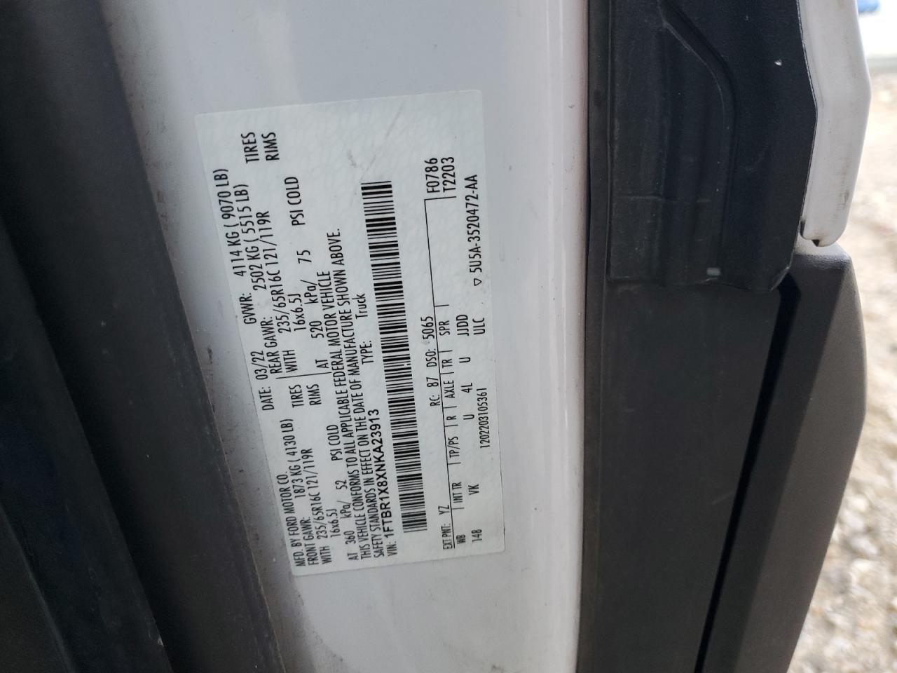 2022 FORD TRANSIT T-250 VIN:1FTBR1X8XNKA23913