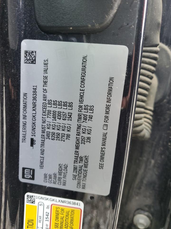 2022 CHEVROLET SUBURBAN K1500 HIGH COUNTRY VIN:1GNSKGKLXNR363841