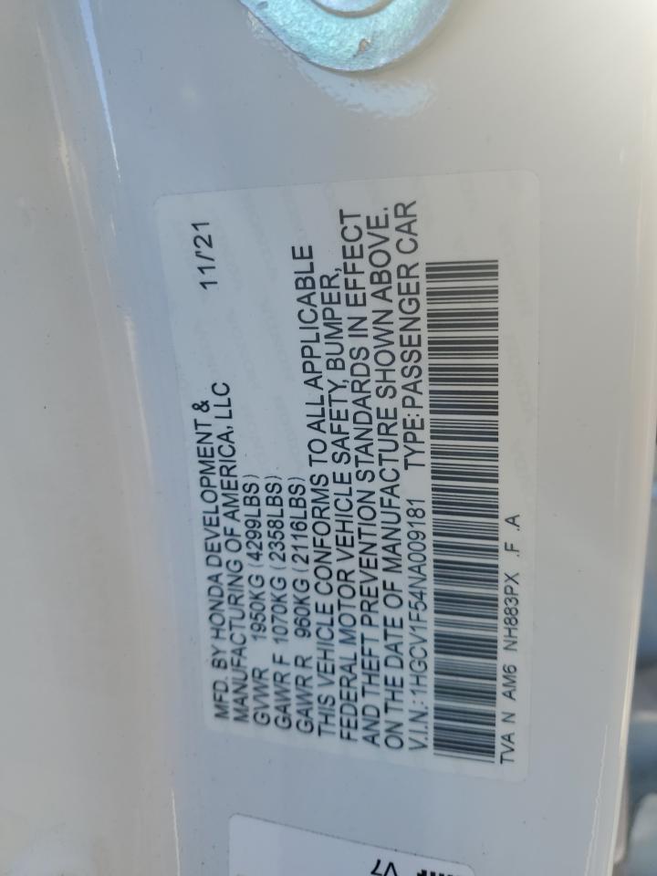 2022 HONDA ACCORD EXL VIN:1HGCV1F54NA009181