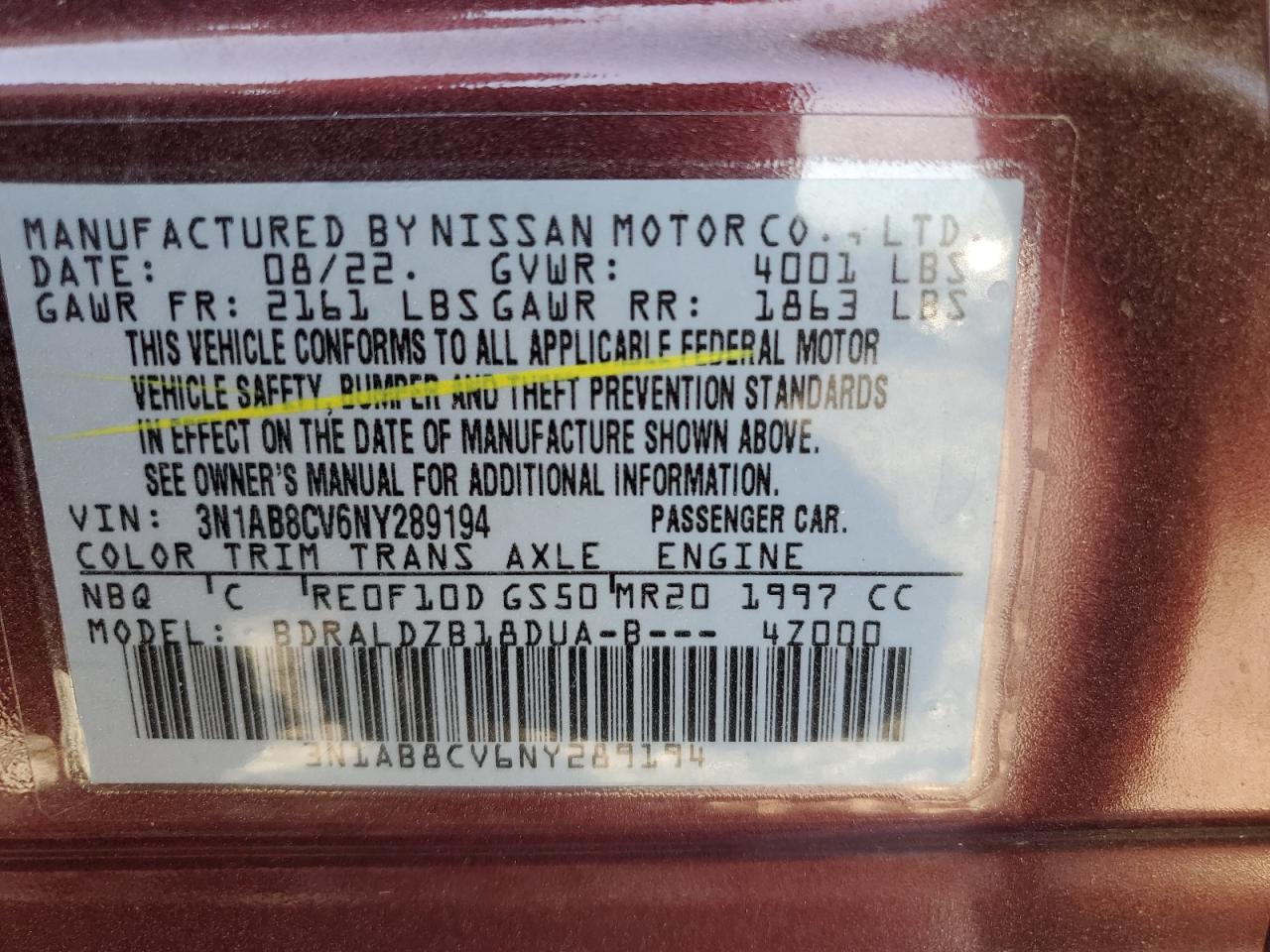 2022 NISSAN SENTRA SV VIN:3N1AB8CV6NY289194