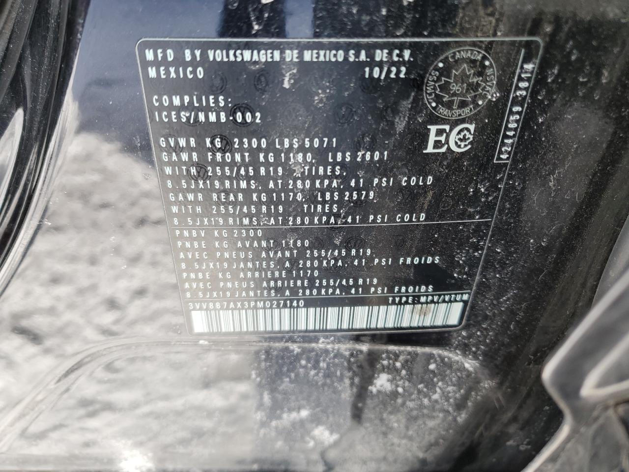 2023 VOLKSWAGEN TIGUAN SE R-LINE BLACK VIN:3VV8B7AX3PM027140