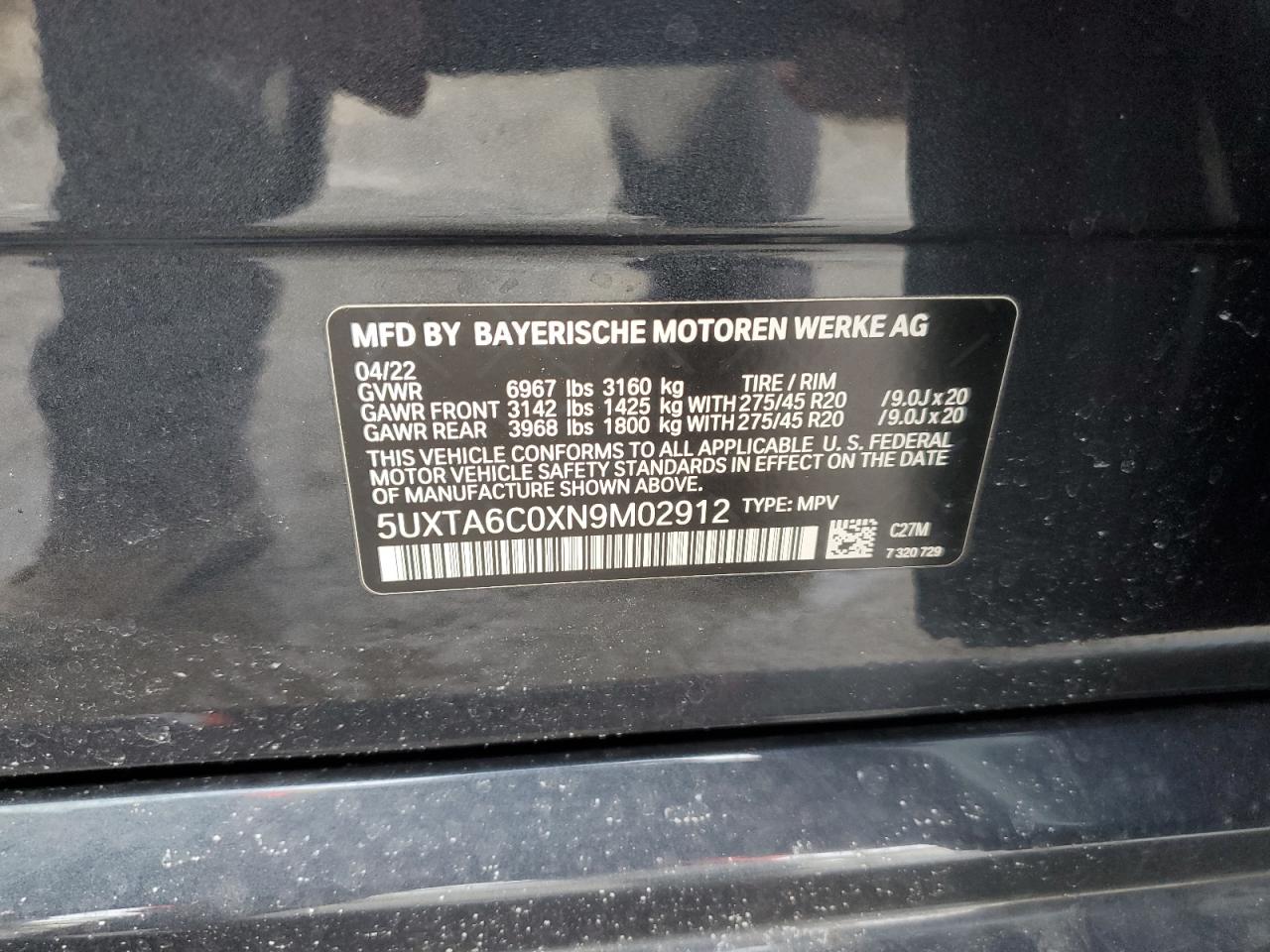 2022 BMW X5 XDRIVE45E VIN:5UXTA6C0XN9M02912