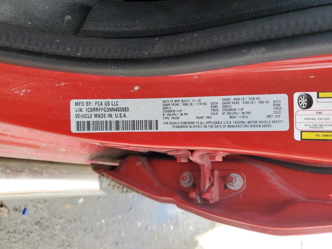 2022 RAM 1500 BIG HORN/LONE STAR VIN:1C6RRFFG3NN455883