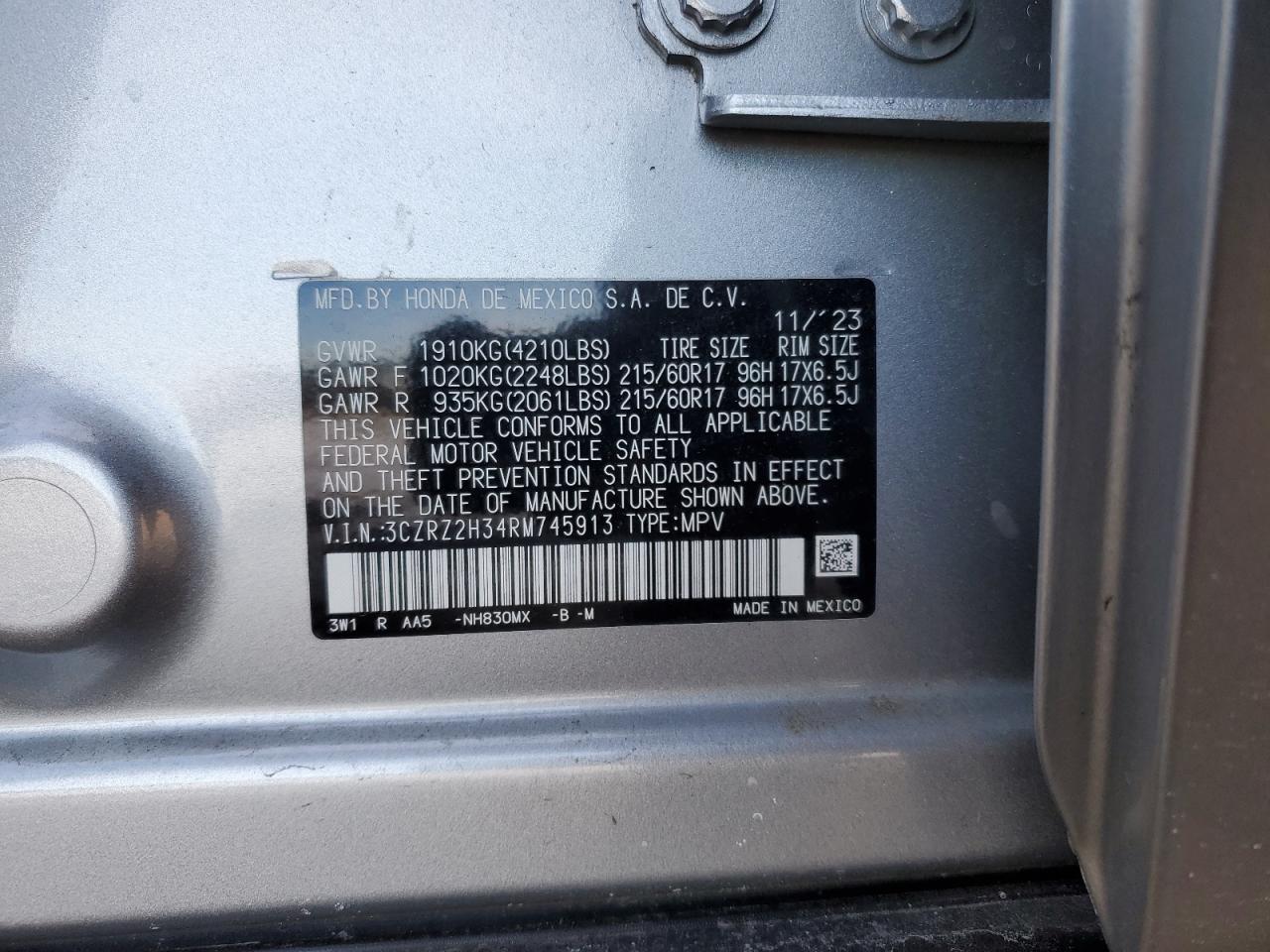 2024 HONDA HR-V LX VIN:3CZRZ2H34RM745913