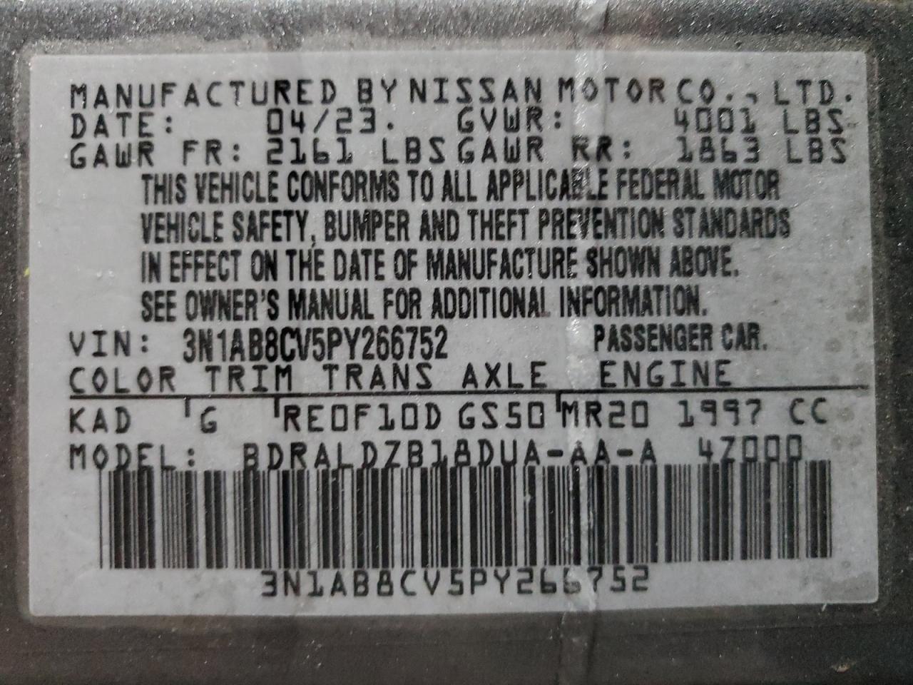 2023 NISSAN SENTRA SV VIN:3N1AB8CV5PY266752